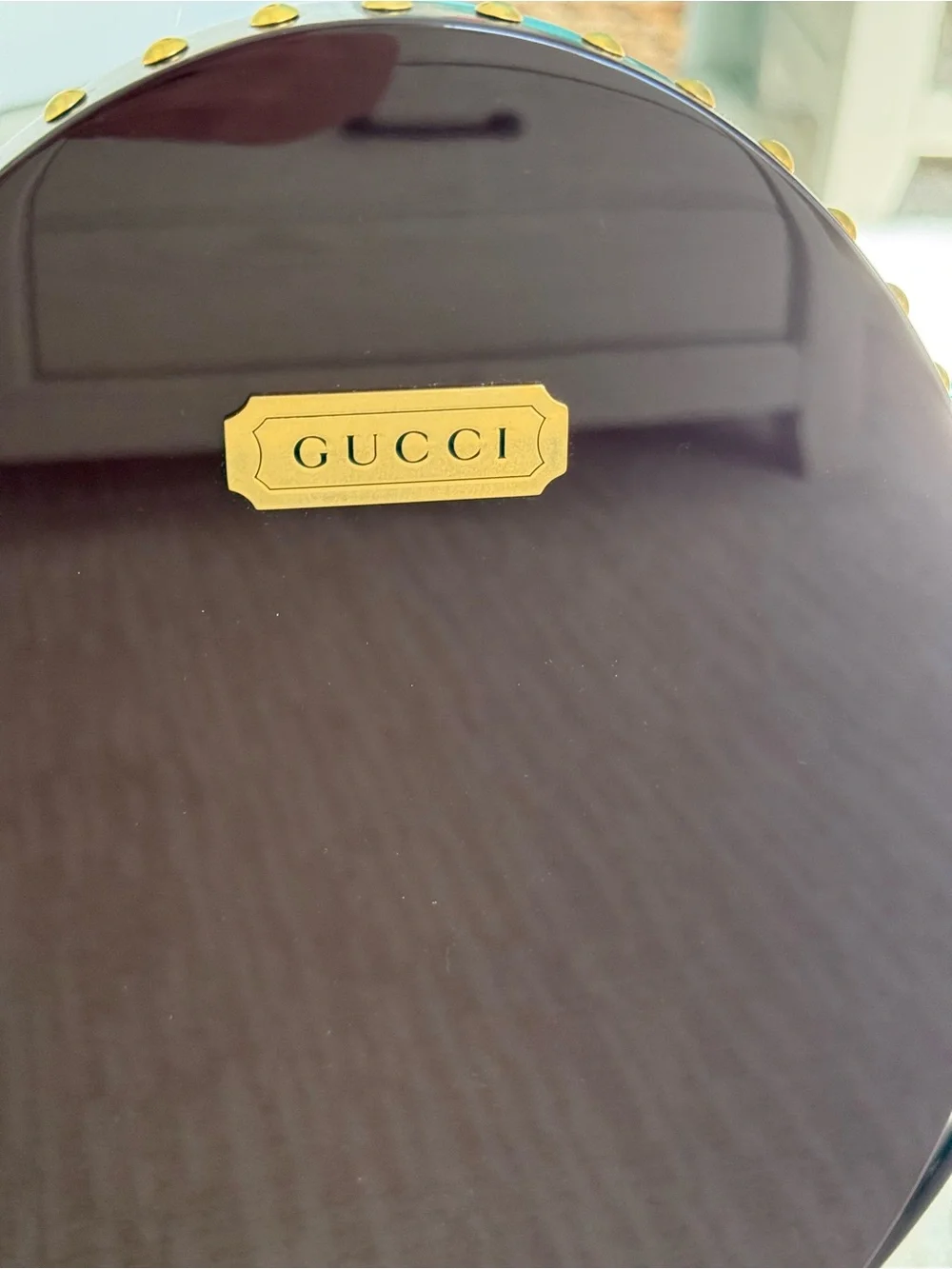 Gucci Oval Vanity Mirror in Dark Red with Gold Stud Trim